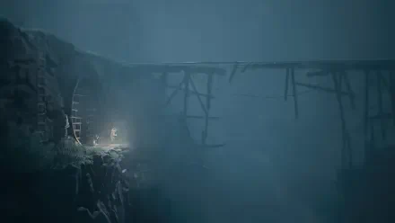 HD PC desktop wallpaper for horror game Reanimal: lone lantern-wielding figure on a rocky ledge beside a broken wooden bridge vanishing into thick fog and darkness.