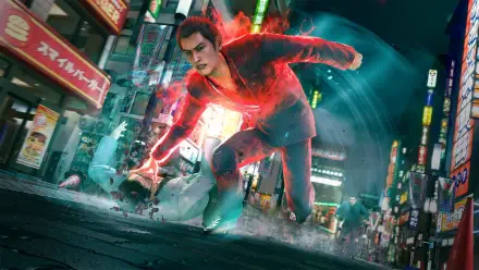 Video game HD PC desktop wallpaper — Yakuza Kiwami 3 & Dark Ties: red-imbued protagonist dashes through neon-lit Tokyo, leaving a swirling energy trail and cracked pavement.