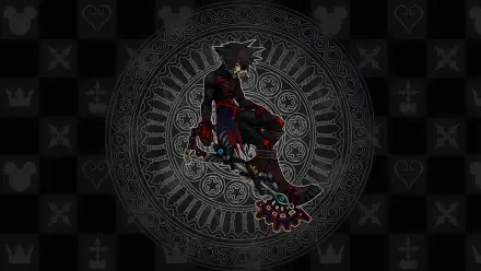 8K Ultra HD PC desktop wallpaper featuring Vanitas (Kingdom Hearts) posed before an ornate circular emblem on a dark, checker-patterned background.
