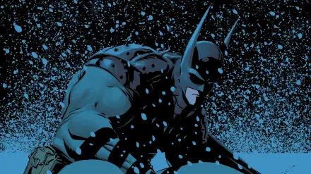 Absolute Batman artwork: muscular Batman crouched in a snowy night, blue-black textured background — DC Comics 4K Ultra HD PC desktop wallpaper.
