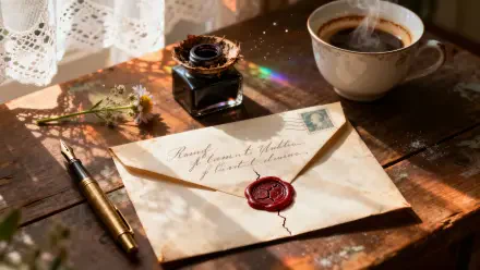 4K Ultra HD PC desktop wallpaper: vintage sealed letter with red wax seal, fountain pen and ink bottle on a sunlit wooden table, steaming coffee cup and lace curtain.