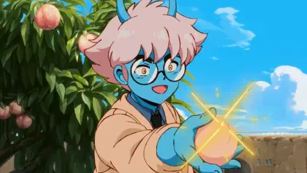 HD PC desktop wallpaper, retro-anime video game Orbitals: blue-skinned, pink-haired character with glasses conjures a glowing orb in a sunny peach orchard under a bright sky.