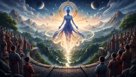 4K Ultra HD PC desktop wallpaper: luminous godlike figure levitating above a valley, haloed and radiant, surrounded by mountains, moons and bowing figures on temple terraces.