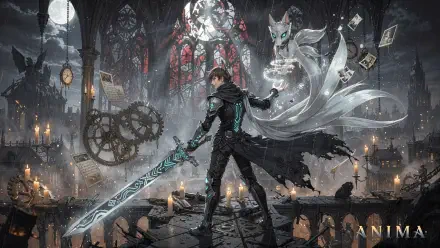 4K Ultra HD PC desktop wallpaper/background: armored swordsman with glowing blade and spectral fox in a candlelit gothic cathedral ruin, floating gears, playing cards and ravens.