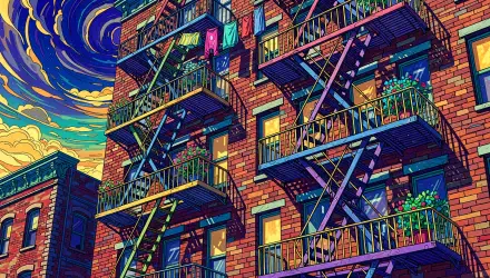 Vibrant 4K Ultra HD PC desktop wallpaper and background: stylized brick apartment façade with colorful fire escapes, potted plants and a swirling, vivid sunset sky.