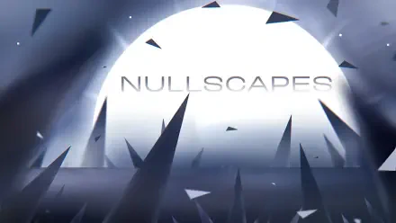 4K Ultra HD PC desktop wallpaper: Geometry Dash video game scene with 'NULLSCAPES' over a glowing moon, jagged dark shards and a misty blue-gray background.