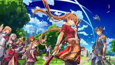 HD PC desktop wallpaper: vivid gaming art from the video game Trails in the Sky 1st Chapter showing Estelle and companions on a sunny grassy road beneath a bright blue sky.