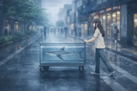 4K Ultra HD PC desktop wallpaper/background: a girl pushes a wheeled glass tank carrying a 大白鲨 (great white shark) down a rainy, neon-lit city street, reflections on the wet pavement.