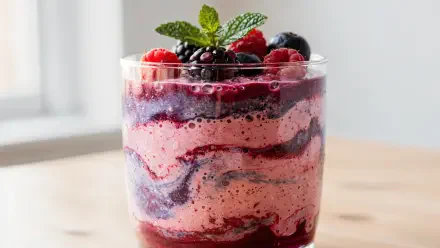 Close-up 4K Ultra HD desktop wallpaper of a layered berry smoothie in a glass, swirls of pink and purple topped with raspberries, blackberries and mint on a soft neutral background.
