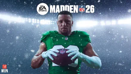 4K Ultra HD PC desktop wallpaper: Madden NFL 26 sports game cover showing a football player in a green jersey holding the ball under bright stadium lights and falling snow.