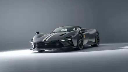 Black Ferrari Daytona SP3 in studio lighting, low-angle 8K Ultra HD PC desktop wallpaper highlighting a sleek profile, white racing stripe and glossy finish.