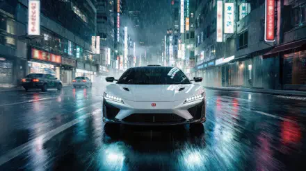White Honda NSX front view in rain on a neon city street at night — 2K Quad HD PC desktop wallpaper/background.