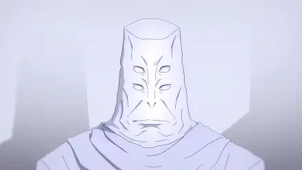 4K Ultra HD white anime wallpaper of Tengen from Jujutsu Kaisen 3rd Season — a stoic, masked figure with multiple eye-like markings against a pale, minimalist background.