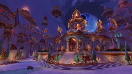 4K Ultra HD PC desktop wallpaper — World of Warcraft: Midnight palace, moonlit domed palace with floating towers and glowing arches in an MMORPG fantasy plaza.