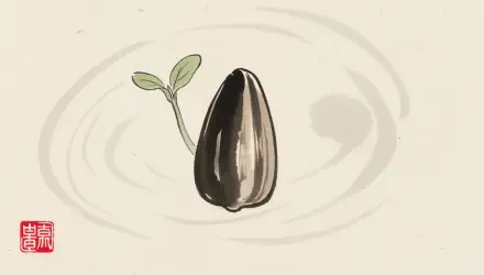 Minimal ink-style sunflower seed with a small green sprout on a beige canvas with circular brushstrokes — 4K Ultra HD PC desktop wallpaper.