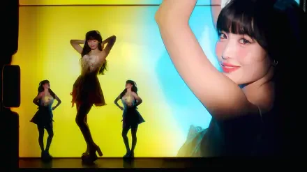 HD PC desktop wallpaper of a K-pop idol in a sparkly dress dancing on a colorful backlit stage, close-up portrait at right and three silhouetted dance poses at left.