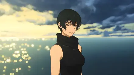 4K Ultra HD PC desktop wallpaper of Mai Zenin from Jujutsu Kaisen 3rd Season, standing by a sunlit ocean beneath drifting clouds.