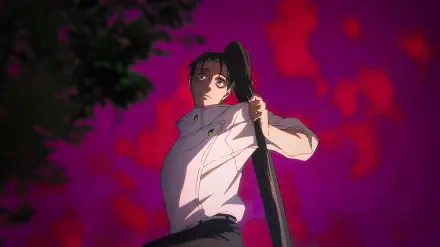 Yuuta Okkotsu from Jujutsu Kaisen 3rd Season stands against a blood-red, dark-aesthetic sky gripping a sword — 4K Ultra HD anime PC desktop wallpaper background.