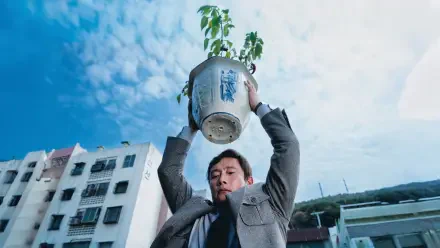 No Other Choice — 4K Ultra HD PC desktop wallpaper showing a man hoisting a potted plant overhead against a cloudy blue sky above city rooftops.