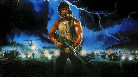 Rambo: First Blood 4K Ultra HD PC desktop wallpaper — muscular Rambo grips a heavy gun under stormy lightning with approaching jeeps silhouetted in the night background.