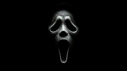Scream 7 Ghostface-style screaming mask emerging from a black void — 8K Ultra HD PC desktop wallpaper/background, eerie high-contrast close-up