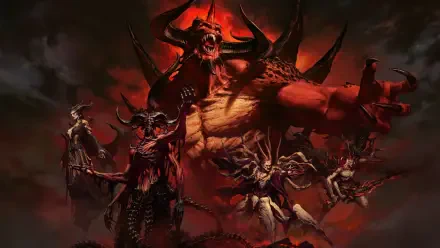 Diablo IV 5K Ultra HD PC desktop wallpaper: towering horned demon and armored champions amid hellfire and ash, dramatic red-black battle scene