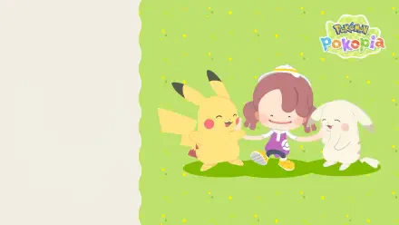 HD PC desktop wallpaper and background: Pokemon Pokopia scene with Pikachu, a smiling child and a fluffy sheep Pokemon on a bright green grassy field.