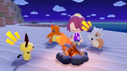 HD PC desktop wallpaper: Pokémon Pokopia-style scene — Pichu, Charmander and two small Pokémon gathered around a cozy campfire on a moonlit beach.