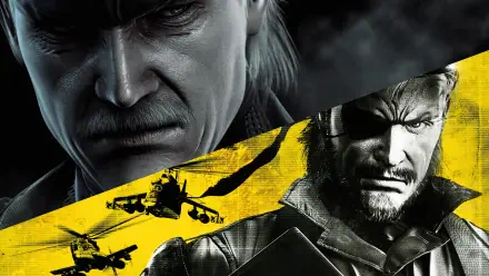 2K Quad HD video game wallpaper: gritty Metal Gear Solid game art showing close-up portraits of Solid Snake and Big Boss over a yellow-striped collage of aircraft and silhouettes.