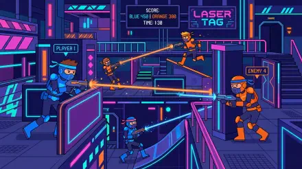 Neon laser tag arena with blue vs orange teams firing laser beams across multi-level platforms, visible scoreboard and signage — 5K Ultra HD PC Desktop Wallpaper and Background