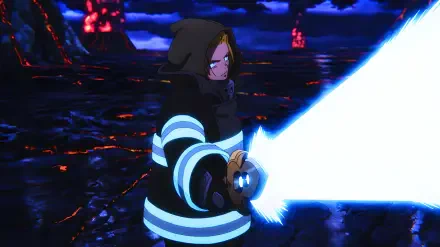 4K Ultra HD PC desktop wallpaper of Arthur Boyle (Fire Force): anime scene of him in firefighter coat brandishing a glowing blade against a molten volcanic landscape