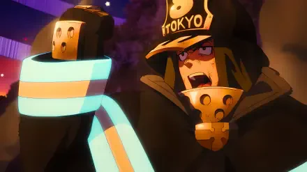 4K Ultra HD PC desktop wallpaper: Fire Force's Captain Obi — anime firefighter leader in full gear, shouting amid smoke and embers.