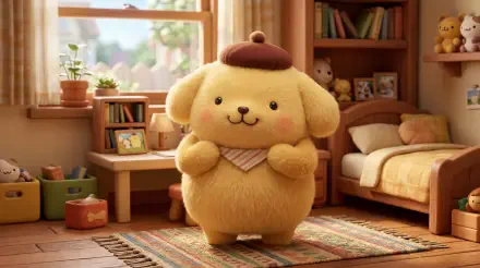 5K Ultra HD PC desktop wallpaper/background: Pompompurin in a sunlit cozy bedroom, smiling on a rug wearing a beret and scarf.