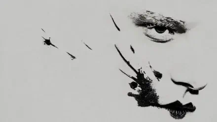 4K Ultra HD PC desktop wallpaper and background The Bride!: minimalist black-ink half-face — a single eye, lips and abstract splatters on a white field.