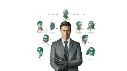How to Make a Killing — 4K Ultra HD PC desktop wallpaper and background: sharply dressed man in a suit holding gloves, diagram of crossed-out faces behind him on white background.