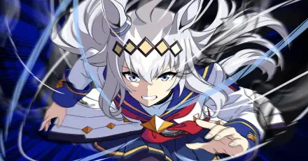 HD PC anime desktop wallpaper of Oguri Cap (Uma Musume: Pretty Derby) lunging forward, silver hair streaming and a fierce, determined expression.