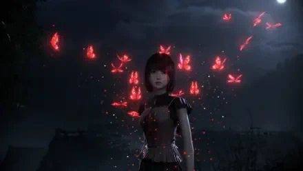 HD PC desktop wallpaper from the video game Fatal Frame II: Crimson Butterfly showing a young woman in a moonlit field, surrounded by glowing red butterflies.