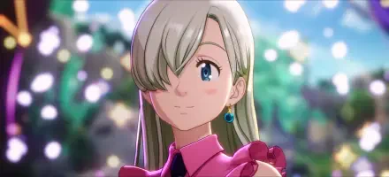 Elizabeth Liones from The Seven Deadly Sins: Origin smiling in a 2K Quad HD PC desktop wallpaper with a soft-focus outdoor bokeh background.