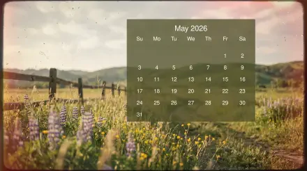 May 2026 calendar overlay on a 5K Ultra HD PC desktop wallpaper/background: sunlit wildflower meadow with rustic fence and distant rolling hills.