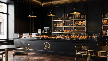 Stylish modern bakery interior with dark walls, brass lighting and shelves of breads and pastries — 4K Ultra HD PC desktop wallpaper and background.