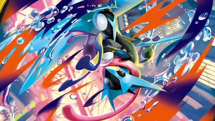 HD PC desktop wallpaper of Mega Greninja from Pokémon, dynamic TCG Card Shop Simulator artwork showing Greninja leaping through water with vibrant splashes.