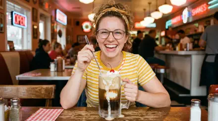 Smiling person in a retro diner holding a frothy root beer float — vibrant 5K Ultra HD PC desktop wallpaper and background.