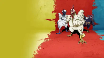 Rooster Fighter: two armored roosters clashing with a shadowy fighter against a split yellow-red textured backdrop — 4K Ultra HD PC desktop wallpaper/background.