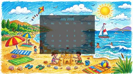Bright 5K Ultra HD PC desktop wallpaper and background: July 2026 calendar over a colorful beach scene with kids building a sandcastle, umbrellas, kite, sailboat and sun.