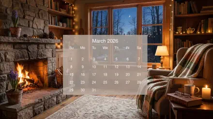 March 2026 calendar overlaid on 5K Ultra HD PC desktop wallpaper: cozy living room with roaring fireplace, armchair, and windowed snowy woods.