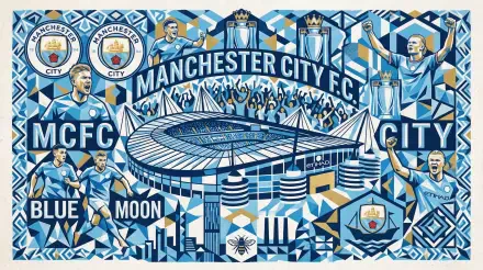 5K Ultra HD PC desktop wallpaper and background: stylized Manchester City F.C. collage with Etihad Stadium, club crests, players, trophies and blue geometric patterns.