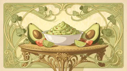4K Ultra HD PC desktop wallpaper showing a bowl of guacamole, avocado halves, lime wedges and tomato on an ornate table with an Art Nouveau green decorative background.