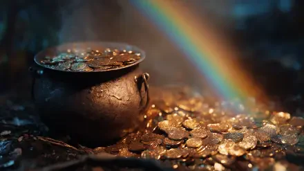 St. Patrick's Day 2K Quad HD PC desktop wallpaper background: a vivid rainbow ending in a rustic pot of gold, coins glinting as they spill across a wet, reflective surface.