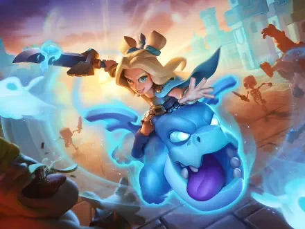 Clash Royale mobile game artwork by Supercell: a young caster riding a roaring blue ghost spirit amid a chaotic battle, vibrant 2K Quad HD PC desktop wallpaper background.
