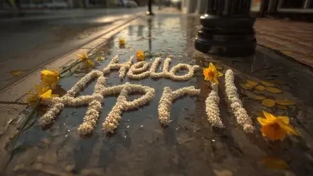 2K Quad HD PC desktop wallpaper: Hello April in petal typography on wet pavement, scattered yellow flowers and leaves, warm streetlight reflections evoking spring.